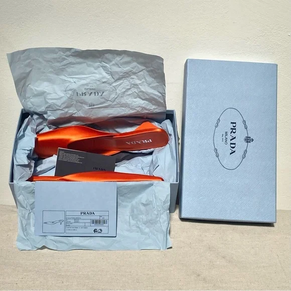Prada orange satin silk square toe mules logo heels with box size 41 - Picture 12 of 13